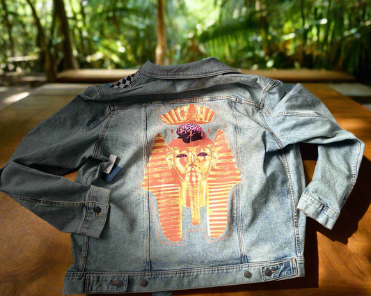 Pharaoh Custom Jean Jacket - Premium Jean Jacket from Litty Slumz - Just $85! Shop Now & Pay Later; Only Available For Clothing Apparels.
